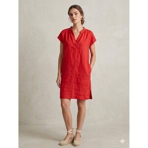 Mat de Misaine Red 100% Linen Ruffle Henley Shift Dress Side Pockets ROSARIO
